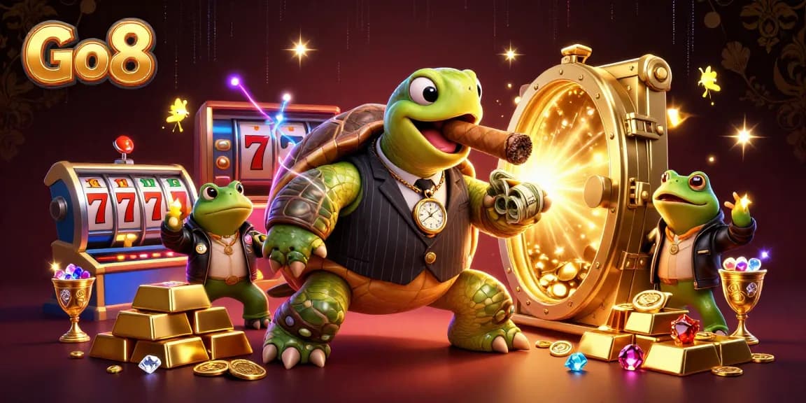 Engage with Go8's thrilling casino experience featuring dynamic games, treasures, and festive lights.