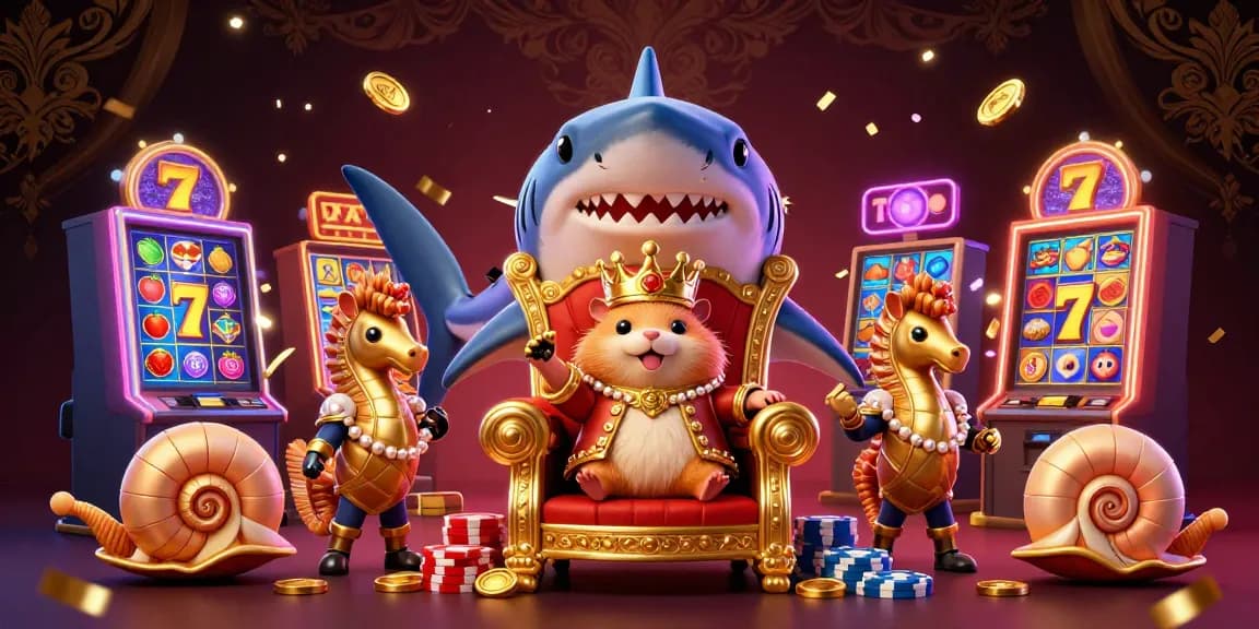 Experience the engaging world of casino gaming with ALO8, highlighted by the golden hamster king and vibrant slot machines.