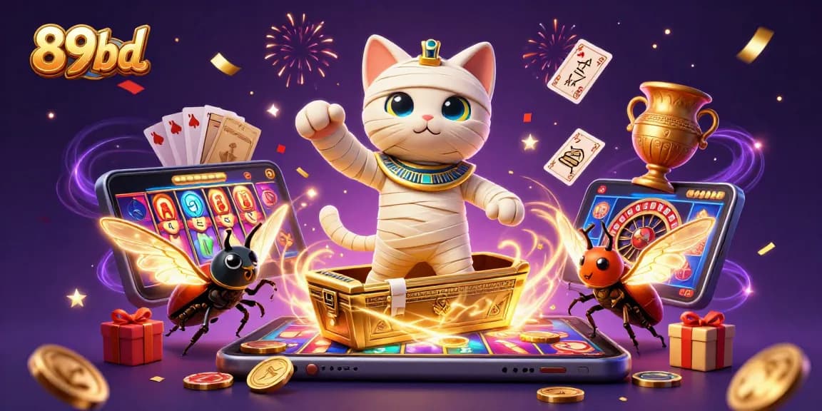 Engage with the energetic casino scene featuring 89bd with a mummy cat, scarab, and spinning slot reels.