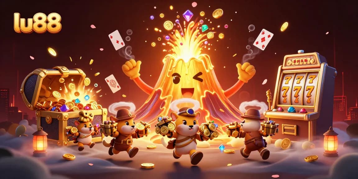 Experience the thrill of lu88's slots with treasures exploding from a golden volcano.