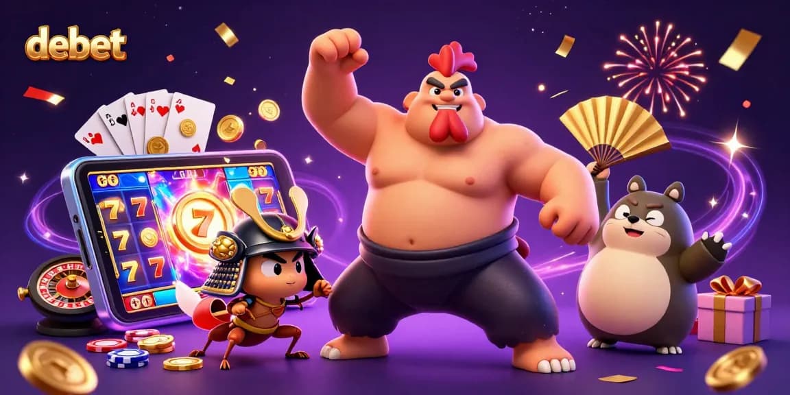 Debet's dynamic 3D illustration showcases a powerful sumo rooster and a fierce samurai cricket in a vibrant casino scene.