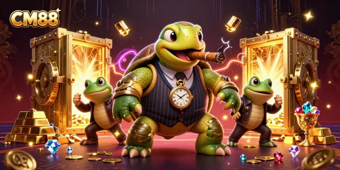 CM88's lively casino scene showcases a turtle mobster and bullfrog enforcers with dazzling gems.