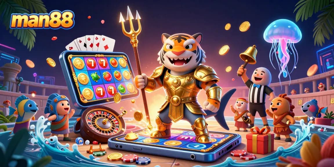 Experience thrilling wins at man88 with a vibrant underwater casino scene featuring a fierce shark.