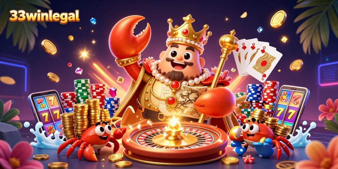 Engage with 33winlegal at the vibrant 3D casino featuring a golden crab emperor amidst dynamic gaming elements.