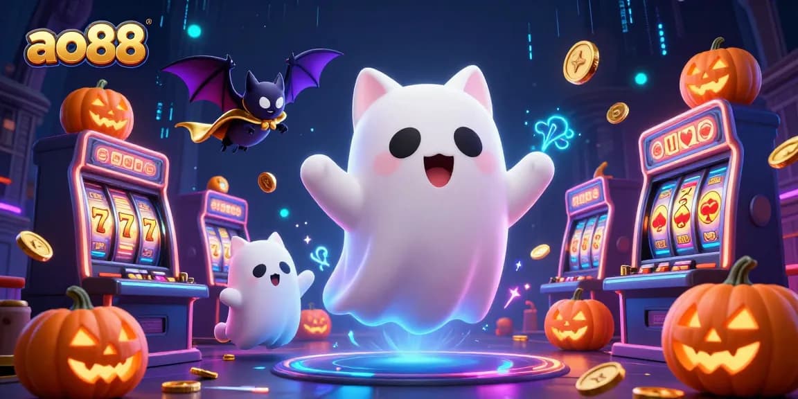 Play thrilling casino games at ao88 with our ghost cat and vampire bat companions in an engaging illustration.