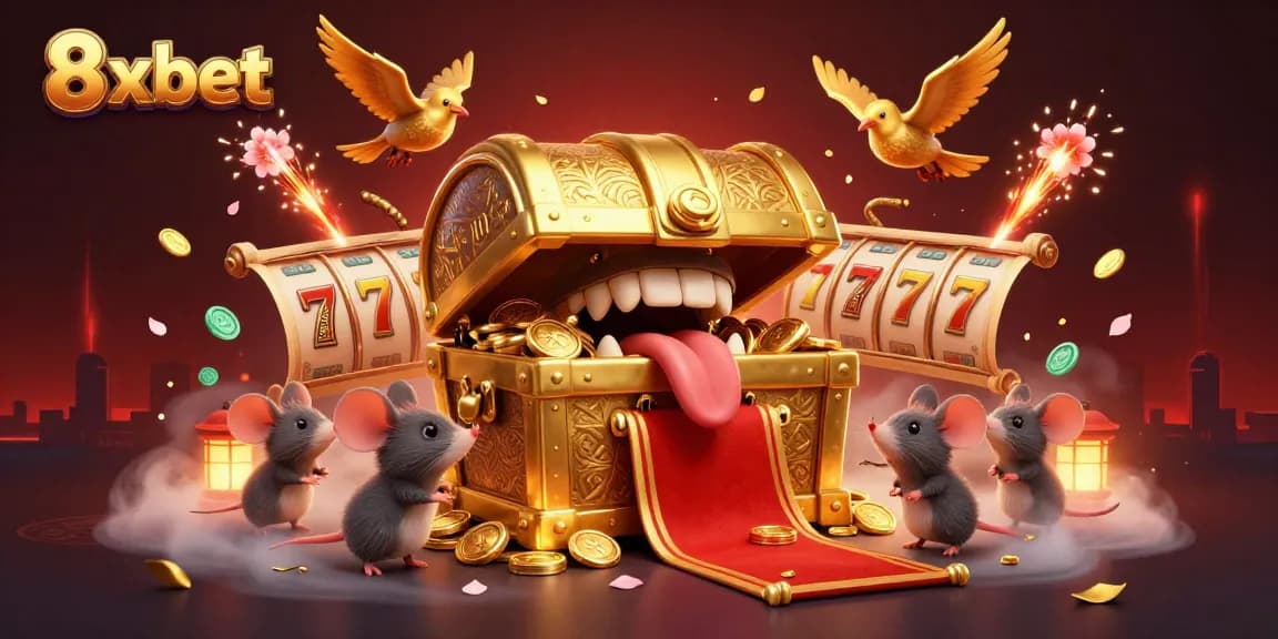 Play exciting games with 8xbet's interactive golden treasure chest and lively casino elements.