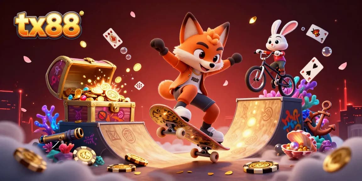 Experience thrilling gameplay with tx88 featuring a skateboarder fox and BMX rabbit in an exciting casino scene.