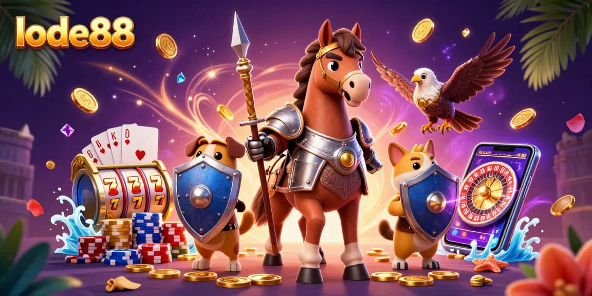 Experience exciting gaming at lode88 with a knight, squire, and falcon in a vibrant casino scene.