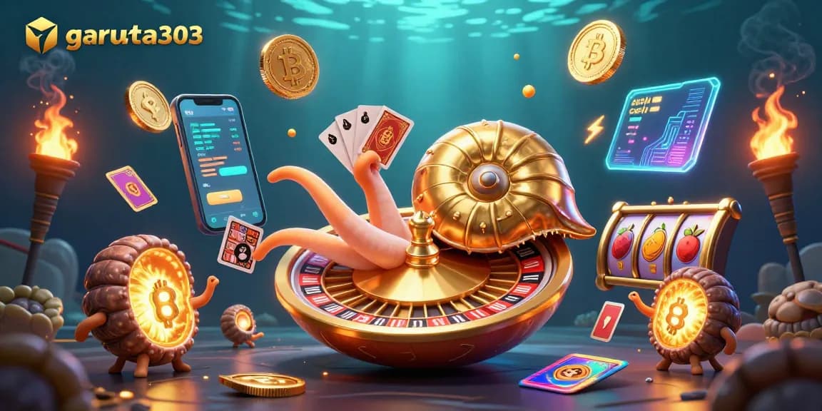 Engage with garuda303's vibrant gaming scene featuring iconic slot elements and crypto symbols.