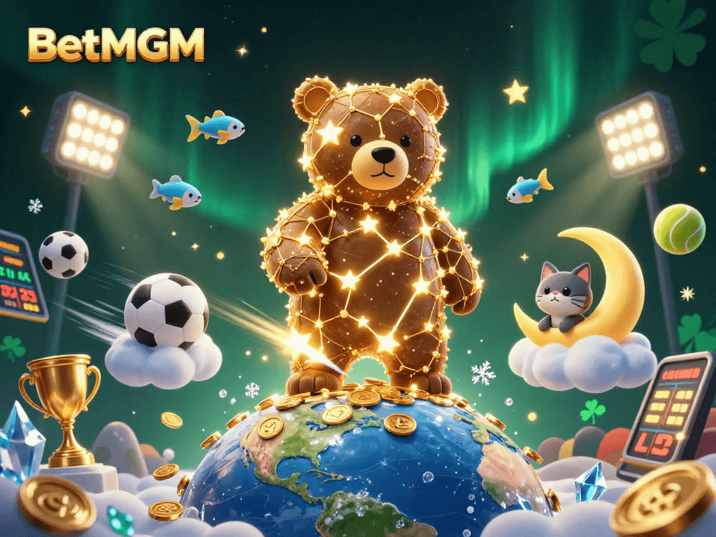 BetMGM players winning coins from the celestial bear and cat in a vibrant casino sky.