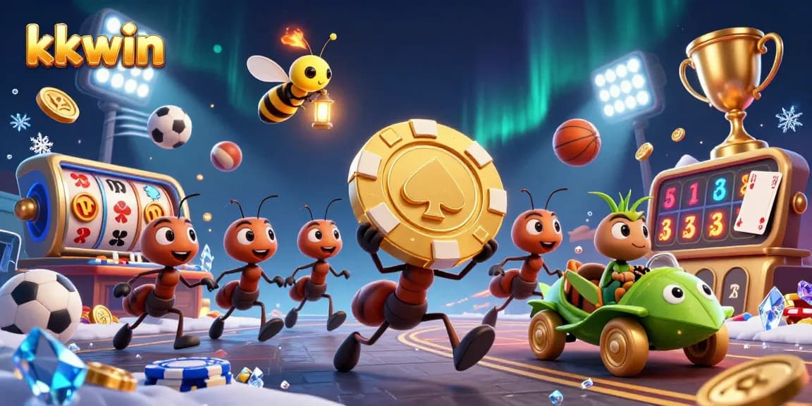Experience thrilling gambling action with kkwin as ants carry a giant poker chip in this vibrant 3D illustration.