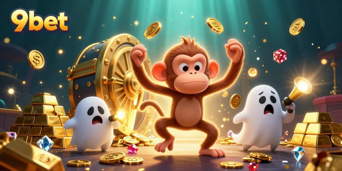 Engage with 9bet's thrilling experience as playful monkey and puppy explore a haunted casino.
