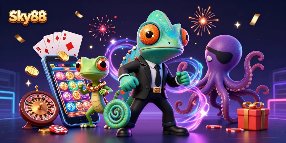 Sky88 showcases an epic 3D casino scene featuring a colorful slot game, engaging characters, and vibrant gaming elements.