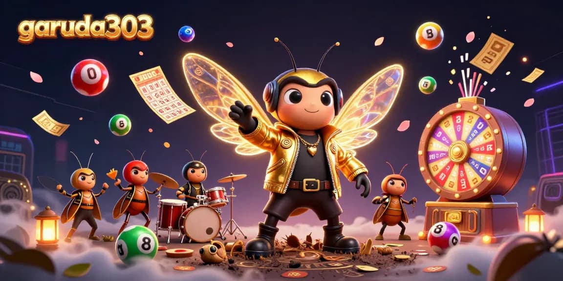 Join the excitement with garuda303 as a cicada rock star leads a dynamic casino scene filled with colorful lottery balls and game elements.