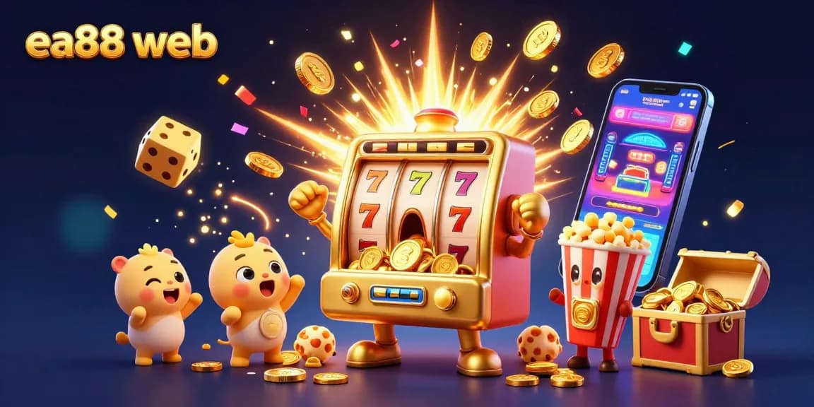 Experience the excitement of the ea88 web with a lively golden slot machine bursting with coins and colorful casino elements.