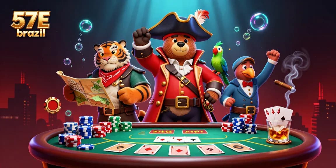 Join the excitement with 57E brazil as a pirate captain bear plays poker in this vibrant casino illustration.