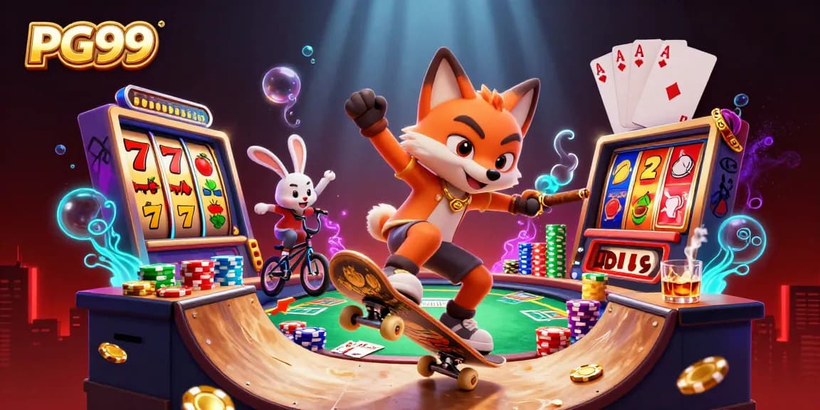 PG99 showcases a dynamic scene with a fox and rabbit enjoying casino games, including vibrant slot reels.