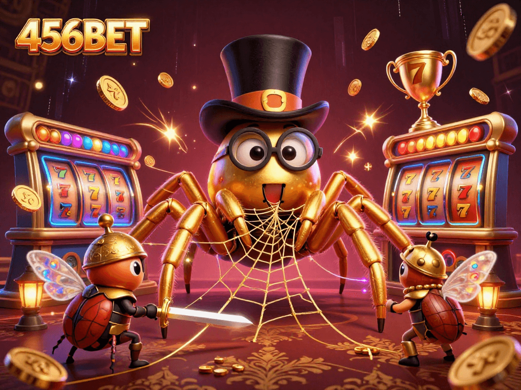 Join the excitement at 456BET with a golden tarantula weaving joy in this vibrant slots scene.