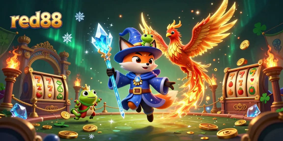 Win big with red88 in a magical 3D casino world featuring a wizard, phoenix, and vibrant elements.