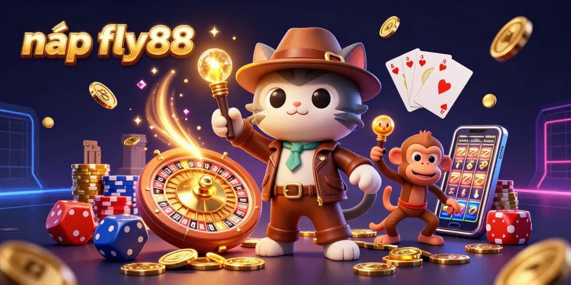 Engage in nạp tiền fly88 with a dynamic scene of golden casino artifacts and playful characters.