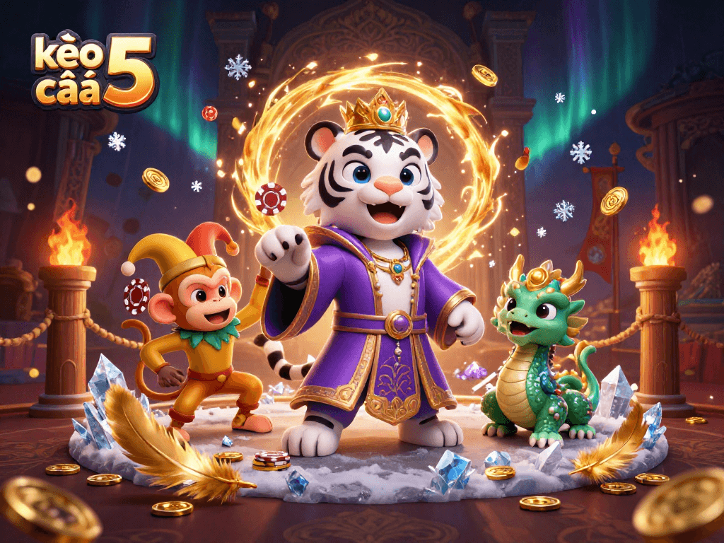 Engage with kèo nhà cái 5 in a vibrant casino scene featuring a tiger, monkey, and jade dragon.