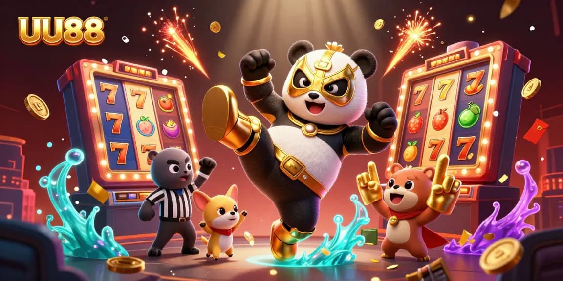 Experience thrilling gameplay with UU88's dynamic 3D casino illustration of a flying wrestler panda.