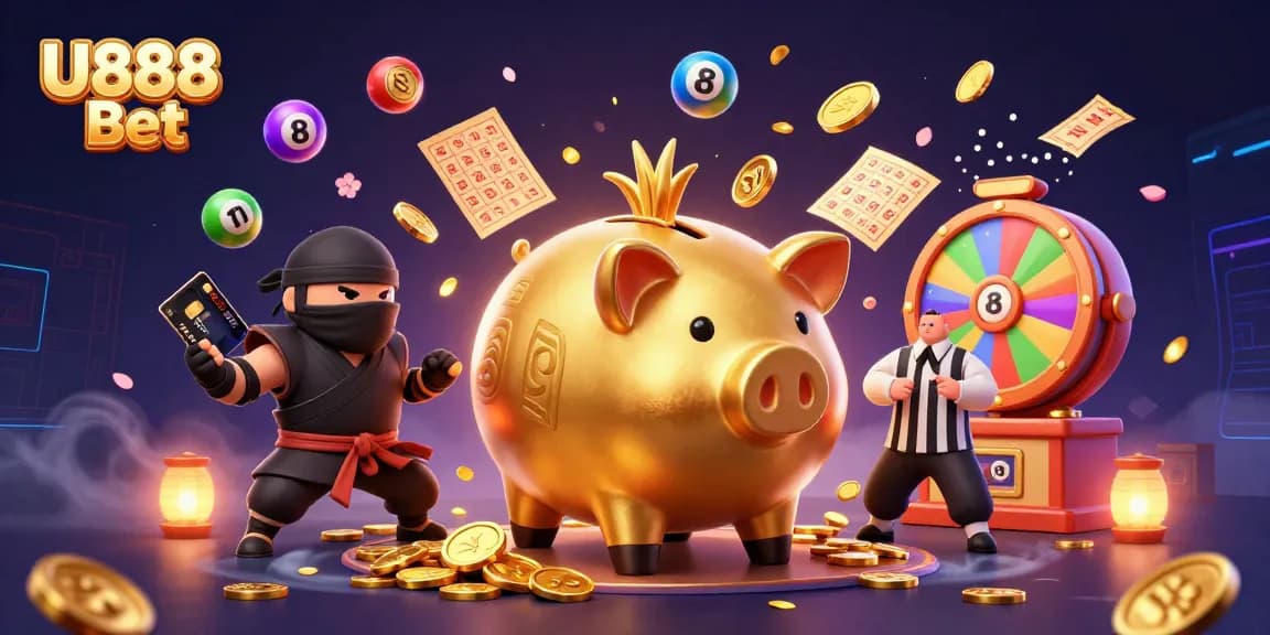 Experience thrilling gaming action with U888 Bet, featuring colorful lottery balls and dynamic characters.