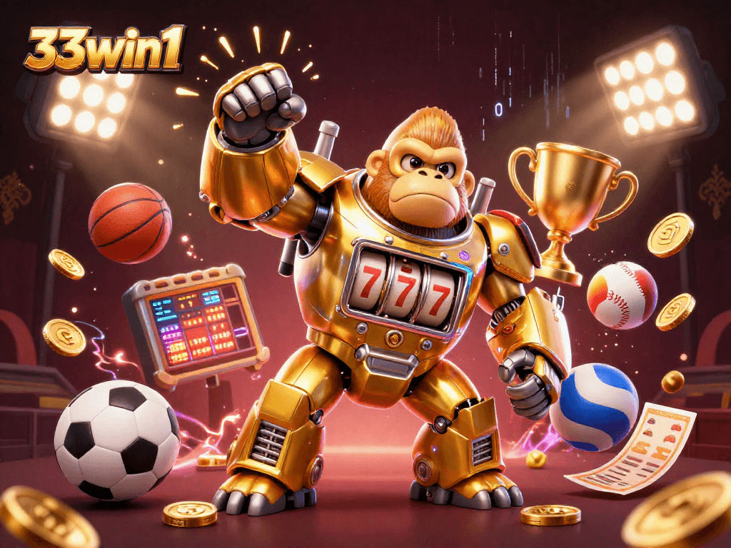 Engage with thrilling sports betting at 33win1 featuring a golden gorilla mech and dynamic sports elements.