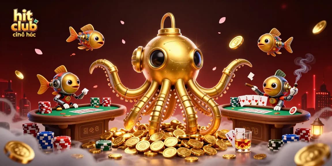 Engage with the hit club chính thức as a golden kraken submarine rises through coins in a dynamic casino setting.