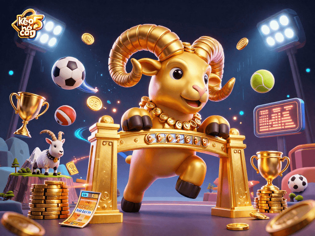 Experience the thrill of betting with kèo nhà cái 5 showcased in an exciting graphic of golden elements and sports