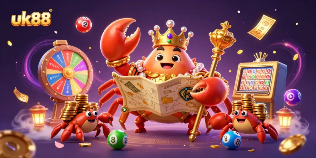Experience jackpot thrills with uk88 in a vibrant 3D casino scene featuring a golden crab emperor and lottery elements.