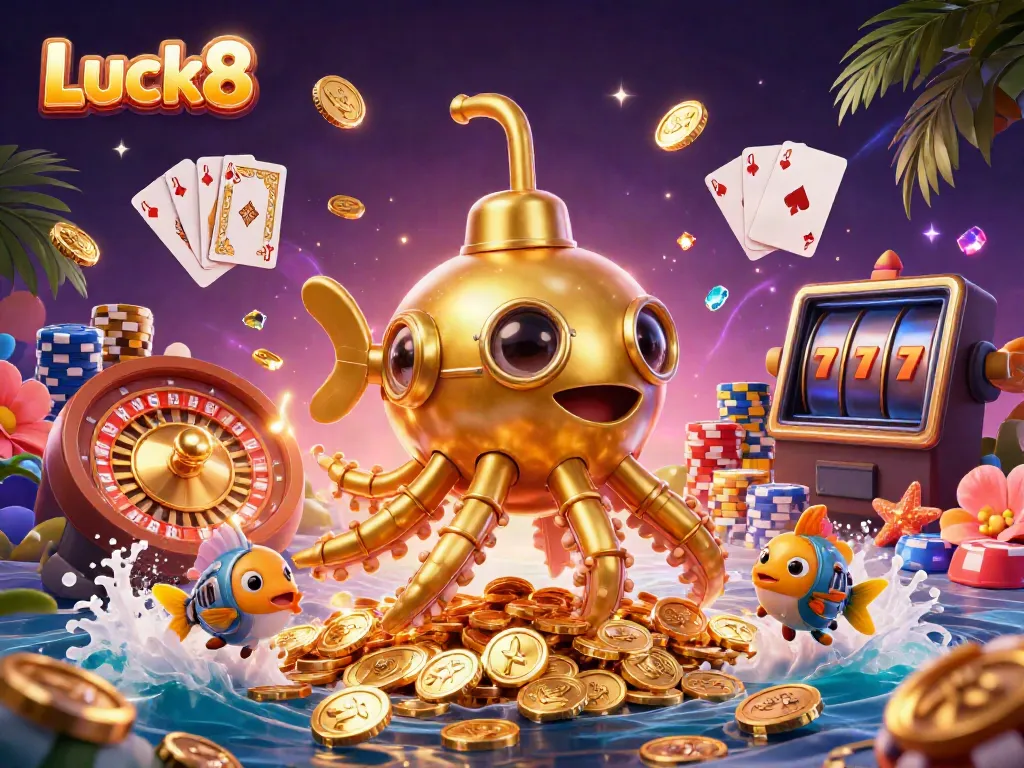 Experience thrilling gaming adventures with Luck8's vibrant casino-themed illustration featuring a magical kraken.
