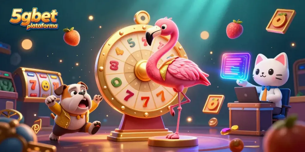 Engaging illustration of the 5gbet plataforma featuring a game show host flamingo, bulldog contestant, and prizes in a vibrant casino setting.