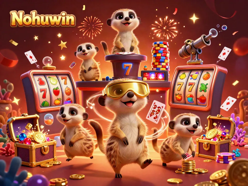 Nohuwin's lively meerkat casino scene showcases energetic gameplay with dynamic characters surrounded by colorful gaming elements.