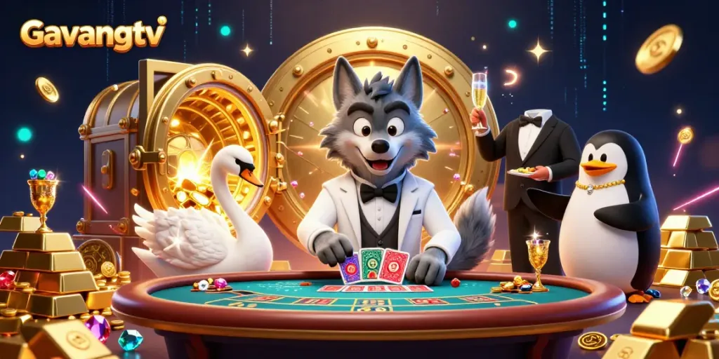 Gavangtv showcases a vibrant 3D scene with a debonair wolf at a baccarat table, creating an engaging atmosphere.
