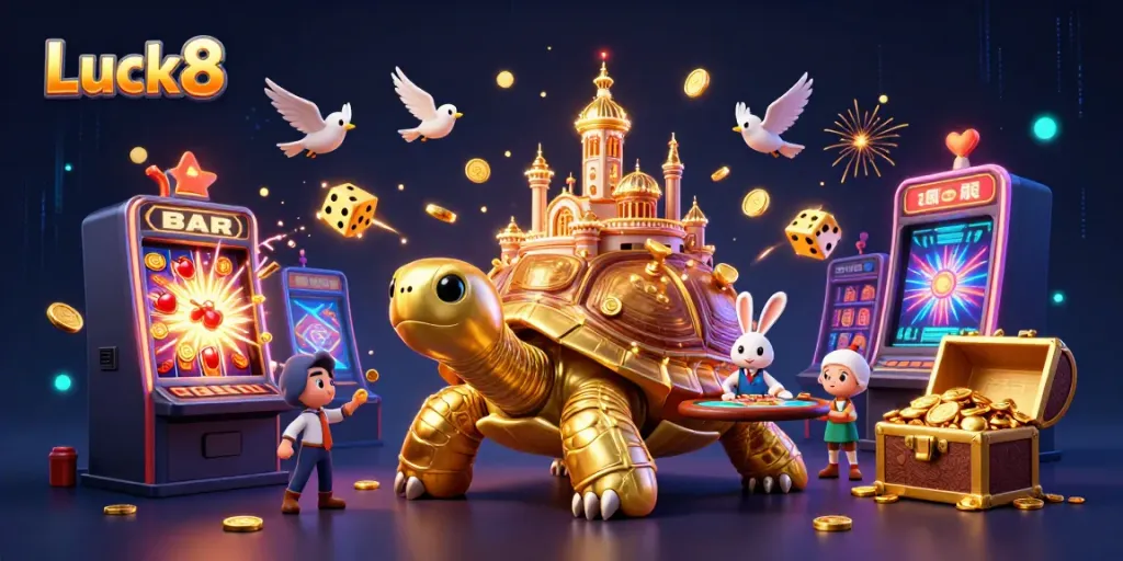 Luck8's captivating illustration showcases vibrant casino elements and a whimsical tortoise host.