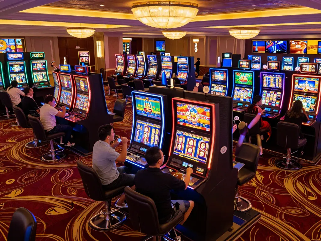 Players enjoying the thrill of slot machines at 7me casino with vibrant atmosphere and engaging games.
