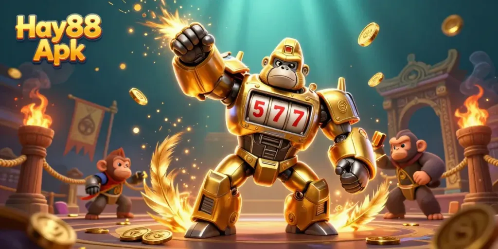 Engage with the thrilling Hay88 Apk game by witnessing an explosive scene with a golden gorilla mech!