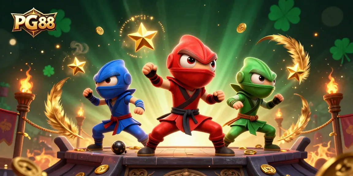 Experience thrilling action at PG 88 with a vibrant 3D scene of ninja chameleons in combat poses.