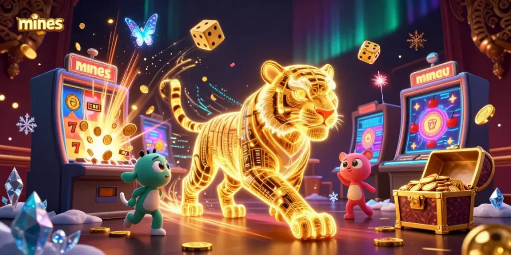 Experience thrilling mines gameplay in a glowing 3D casino full of jackpots, symbols, and excitement.