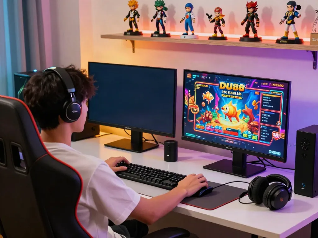 Player immersed in DU88 online gaming with vibrant graphics and cozy atmosphere.