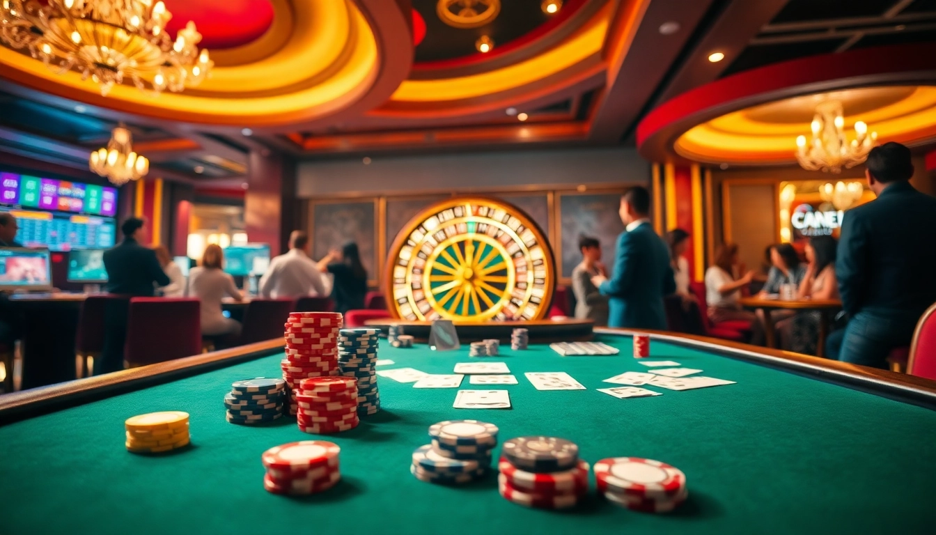 Poker players enjoying an exciting game at 78win casino table filled with vibrant chips and cards.