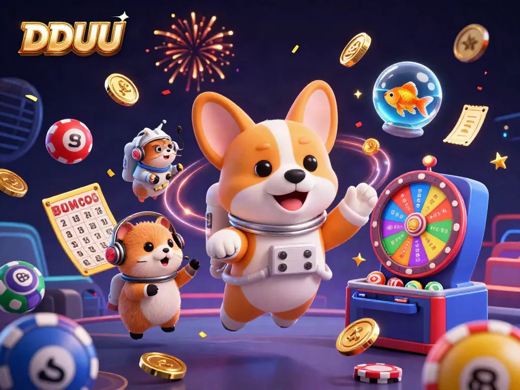 Engage with DDUU's vibrant casino world, featuring a corgi astronaut and gaming excitement.