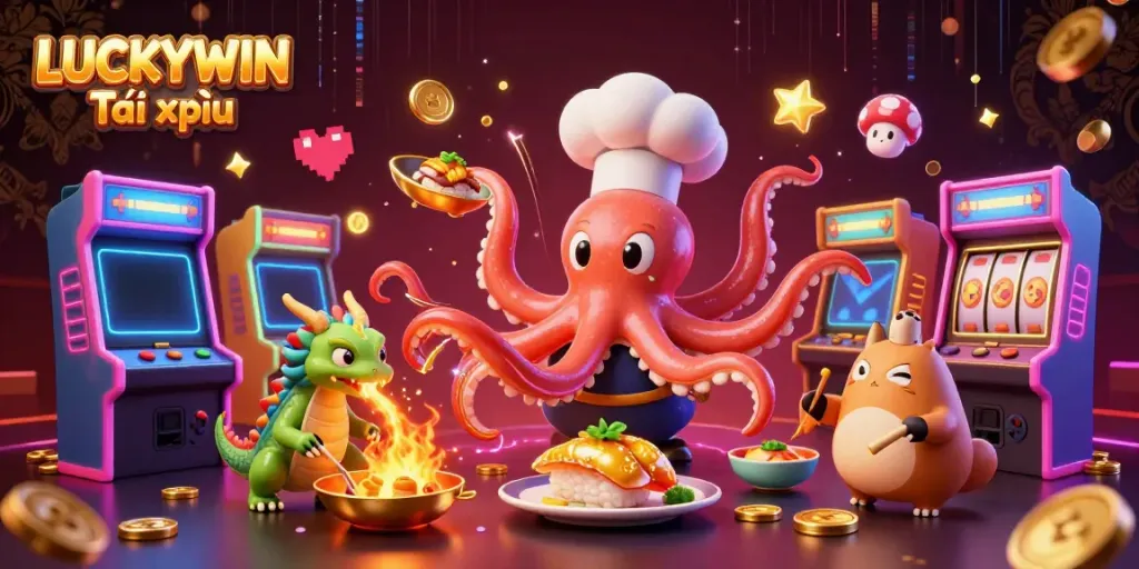 Experience LUCKYWIN Tài xỉu with engaging characters and vibrant casino elements in a colorful 3D scene.