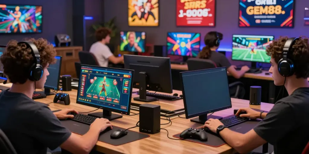 Players enjoying GEM88 casino and sports betting on laptop and smartphone.