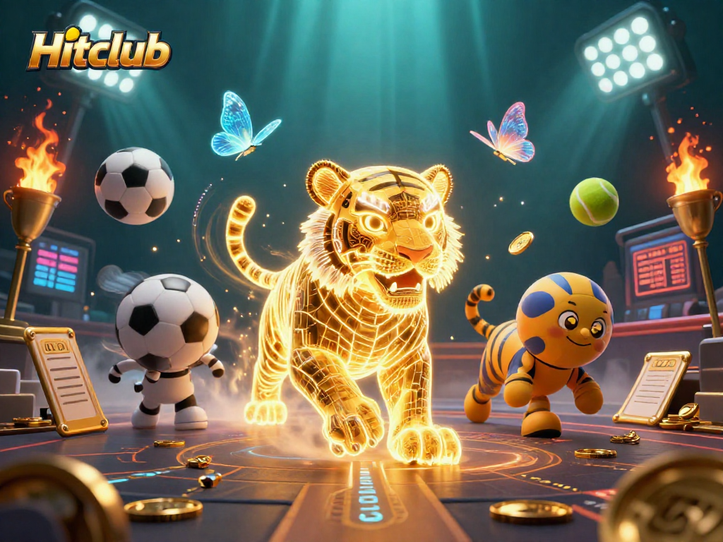 Experience a thrilling Hitclub adventure with dazzling animations of sports balls and a luminous golden tiger.