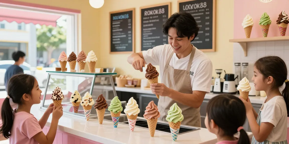 Indulging in rokok88 gourmet ice cream flavors with joyful friends in a vibrant parlor.