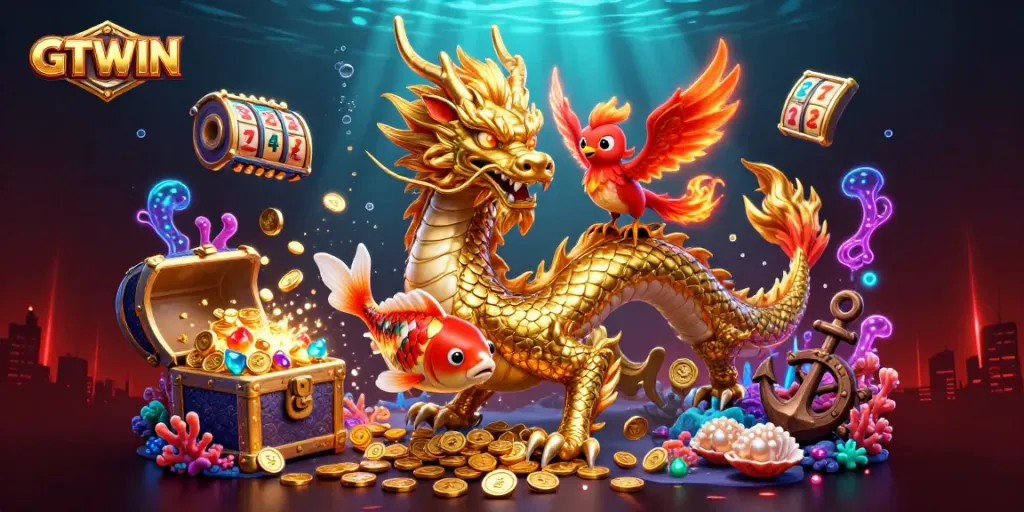 Experience GTWIN's vibrant online casino world with a golden dragon, koi fish, and vibrant slot machines.