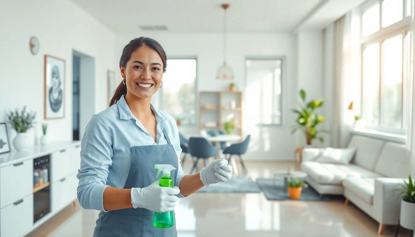 Move out cleaning Atlanta with a professional cleaner in a bright, spotless apartment.