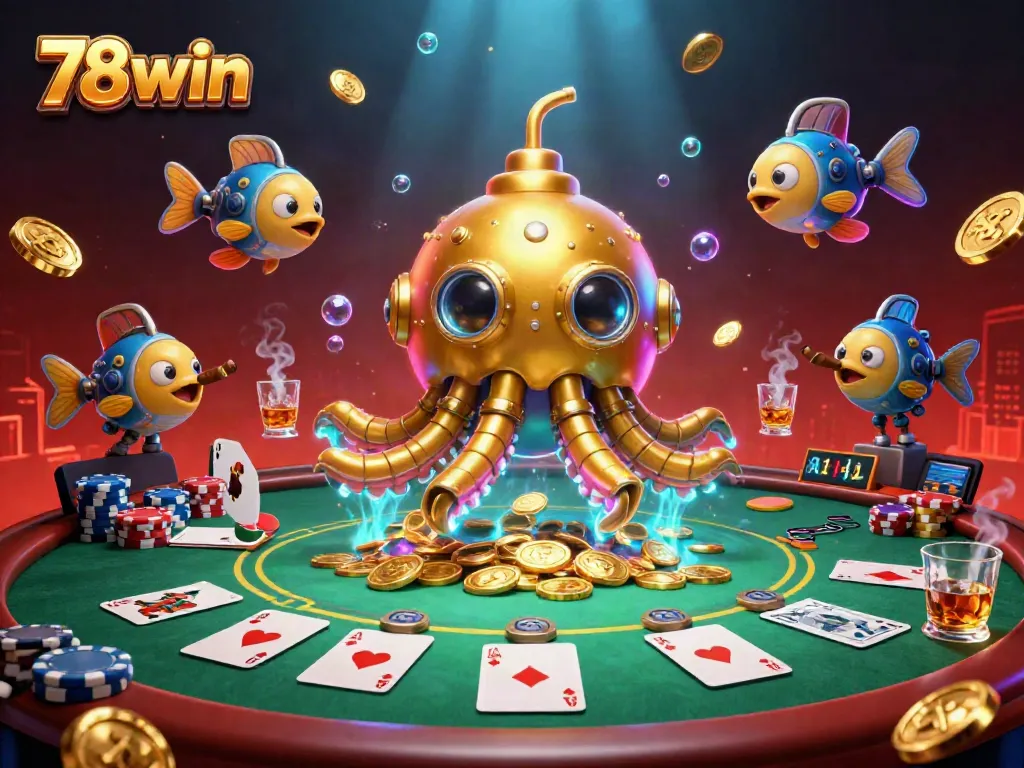 Experience thrilling gameplay with 78win's golden kraken submarine and poker elements amidst a sea of riches.